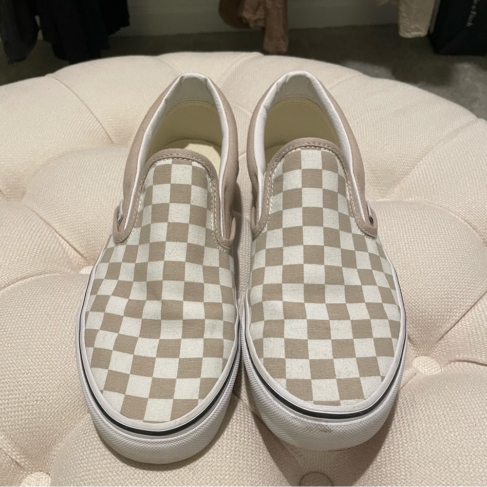 Vans Beige and White Checkered Slip-On Sneakers